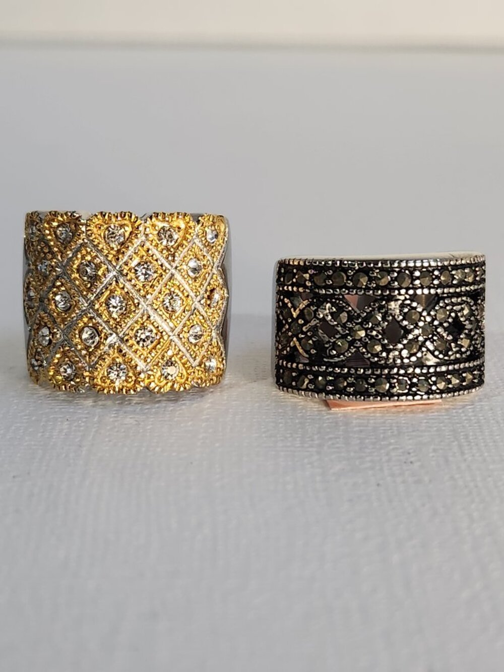 Gold Quilted Pave Black Marcasite Wide Band Ring Bundle Size 6 NWT